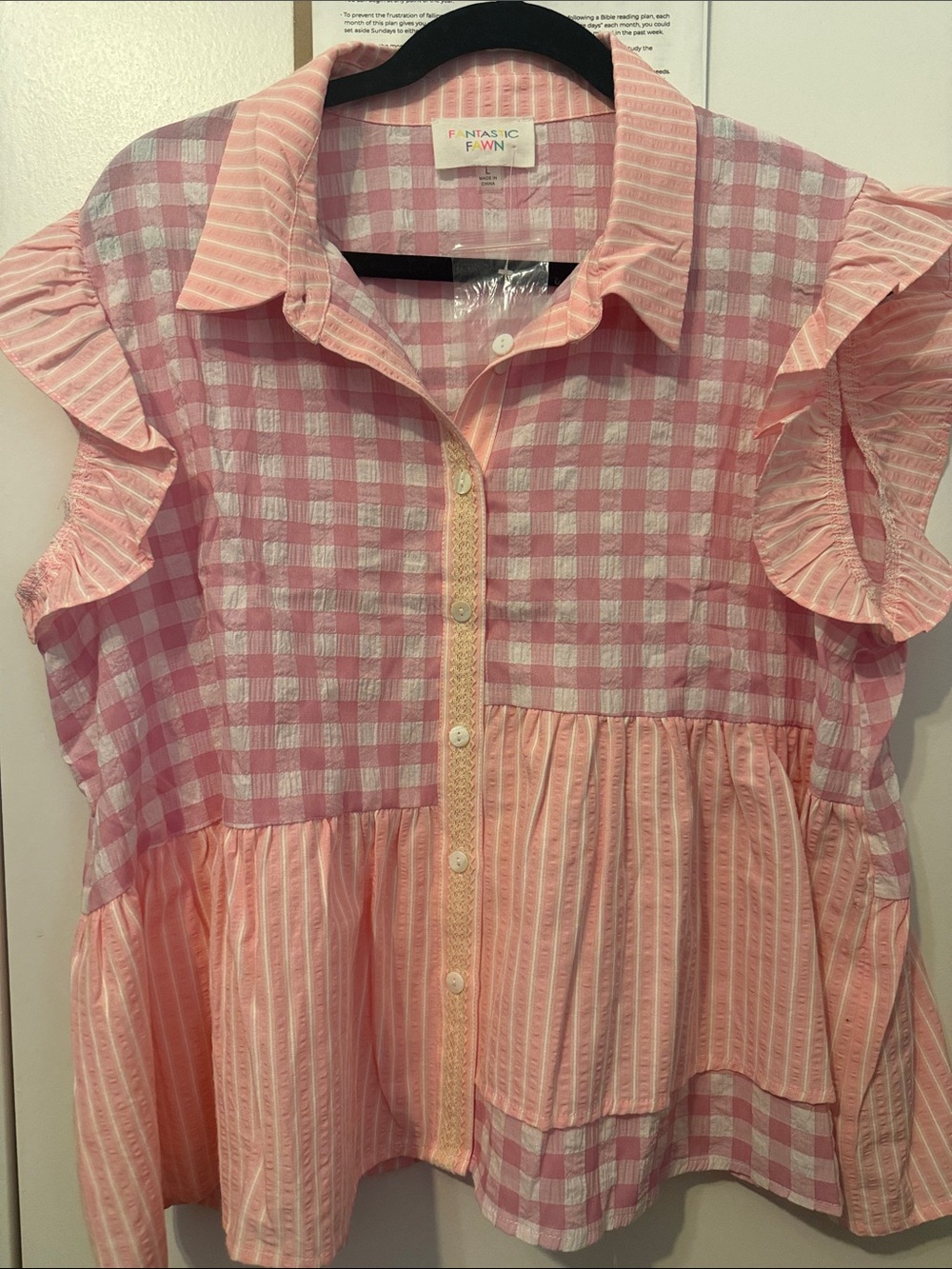 Fantastic Fawn Pink Gingham & Light Pink Striped Ruffle Blouse